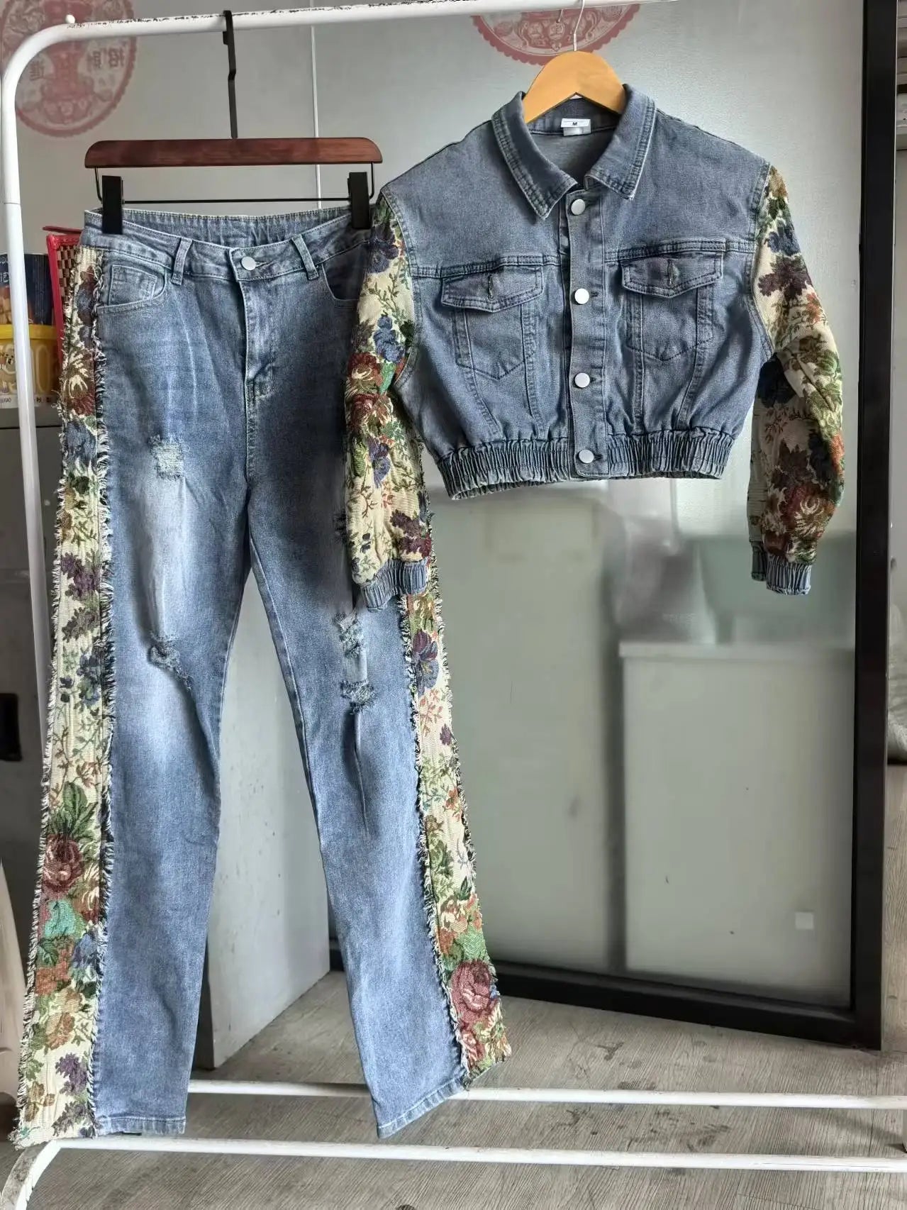 Denim Floral Patchwork Full Sleeve Button Fly Jacket and Ripped Jeans