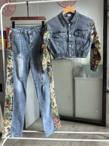 Denim Floral Patchwork Full Sleeve Button Fly Jacket and Ripped Jeans