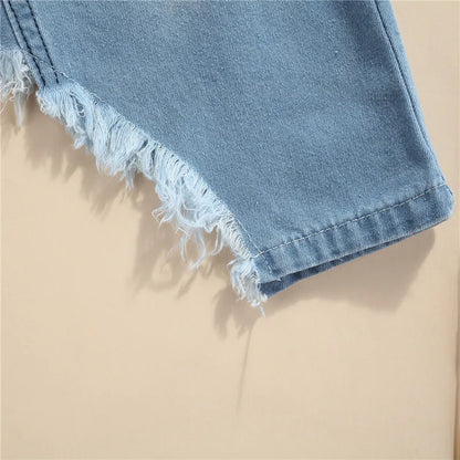 1-5years Girls Summer Denim Clothes Set Solid Blue Short Sleeve Off-Shoulder Cropped Tops Irregular Hem Skirt