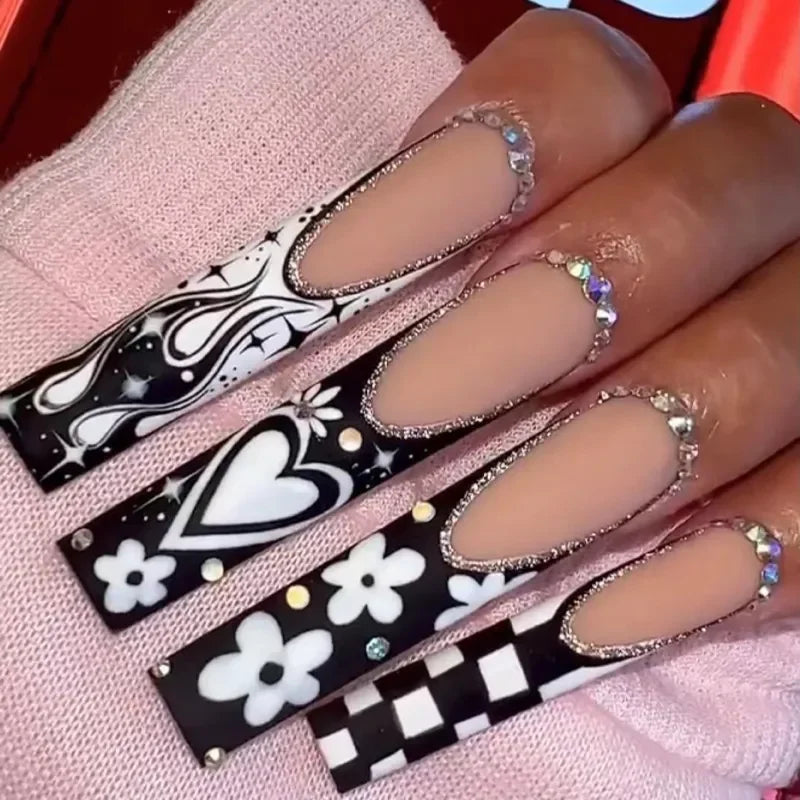 24pcs Artifical Bails With Glue Fake Nail Tips With Design Detachable Press On Nails Long Fake Nail Finished Nail Piece Sticker