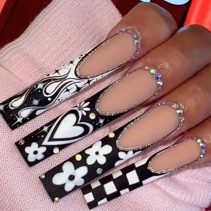 24pcs Artifical Bails With Glue Fake Nail Tips With Design Detachable Press On Nails Long Fake Nail Finished Nail Piece Sticker
