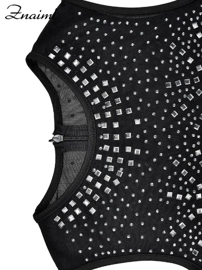 Luxury Sparkly Crystal Rhinestone Christmas Evening Bodycon Long Dress Women's Mesh See Through Birthday Night Vestidos