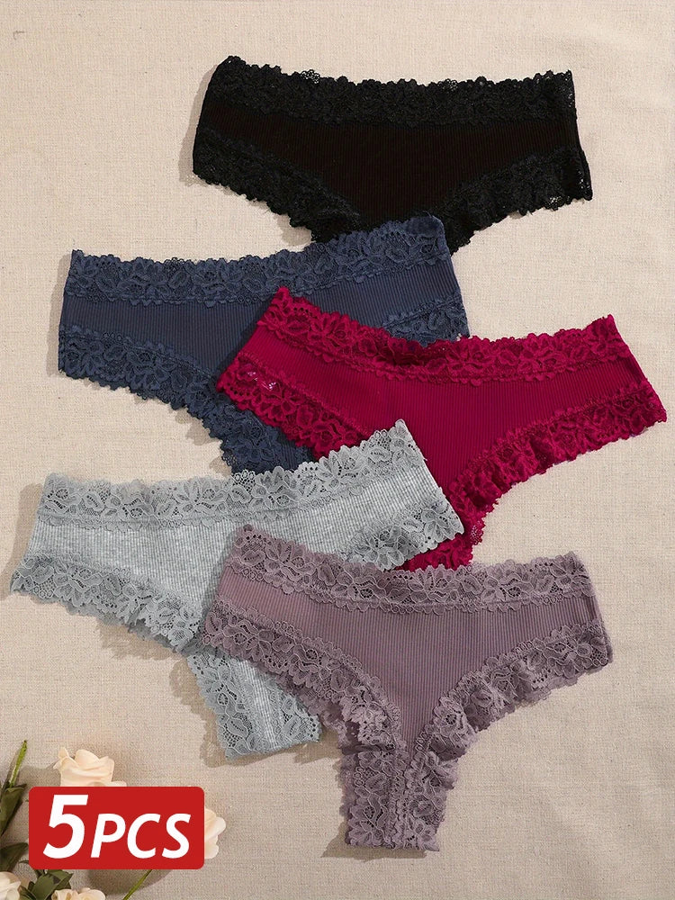 5PCS/Set Women Cotton Panties Sexy Lace Brazilian Panties Low Waist Elastic Thongs Female Comfortable Underwear Solid Color S-XL