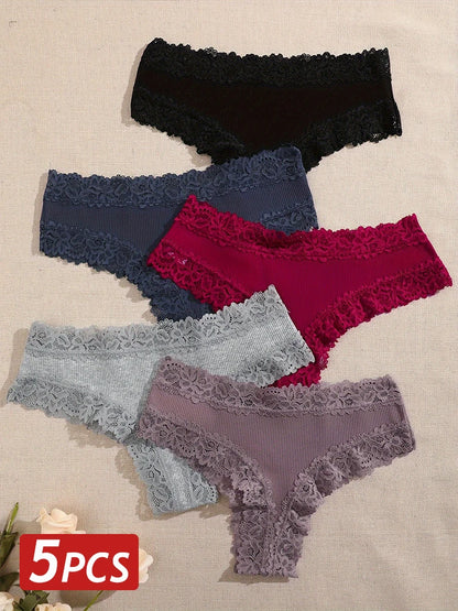 5PCS/Set Women Cotton Panties Sexy Lace Brazilian Panties Low Waist Elastic Thongs Female Comfortable Underwear Solid Color S-XL