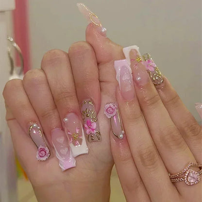24Pcs Long Ballet French False Nails Pink Butterfly Flower with Rhinestones Wearable Fake Nails Gradient Press on Nail Tips Art