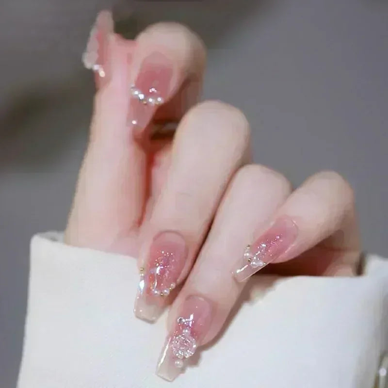 24pcs Detachable Short Press on Nails Y2k rhinestone False Nails with Glue Ballet Sweet Cool Girls Artificial False Nails Tips