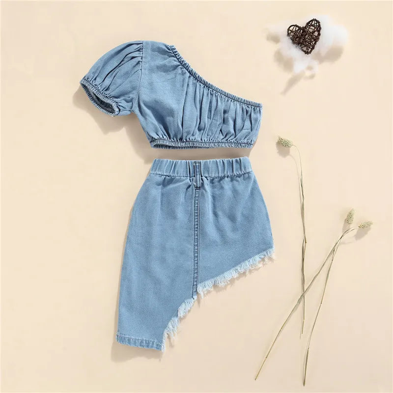 1-5years Girls Summer Denim Clothes Set Solid Blue Short Sleeve Off-Shoulder Cropped Tops Irregular Hem Skirt