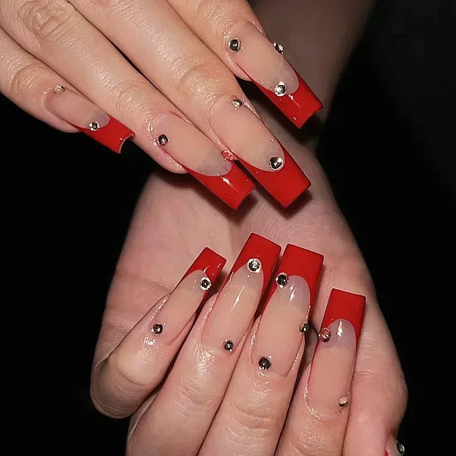 24Pcs Red Heart False Nails Long Luxury with French Design Rhinestone Wearable Fake Nail Simple Decoration Press on Nail Tips