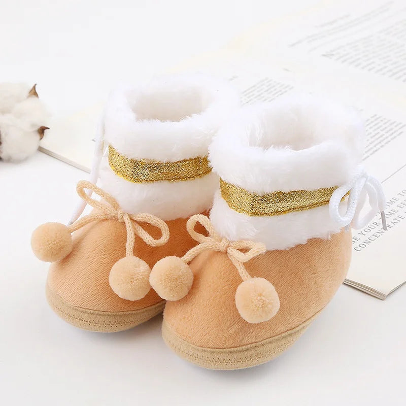 Winter Snow Baby Boots Cute Bear Warm Fluff Balls Indoor Soft Sole Infant Newborn Toddler Baby Shoes 0-18M
