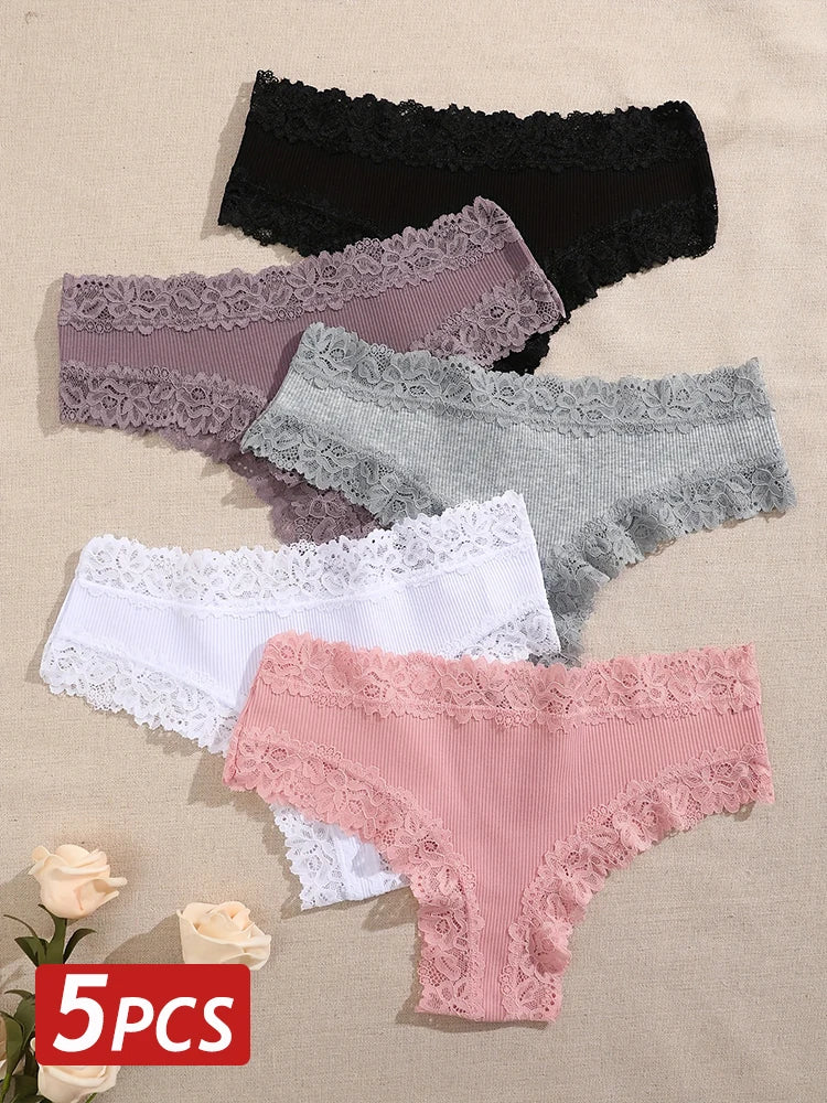 5PCS/Set Women Cotton Panties Sexy Lace Brazilian Panties Low Waist Elastic Thongs Female Comfortable Underwear Solid Color S-XL