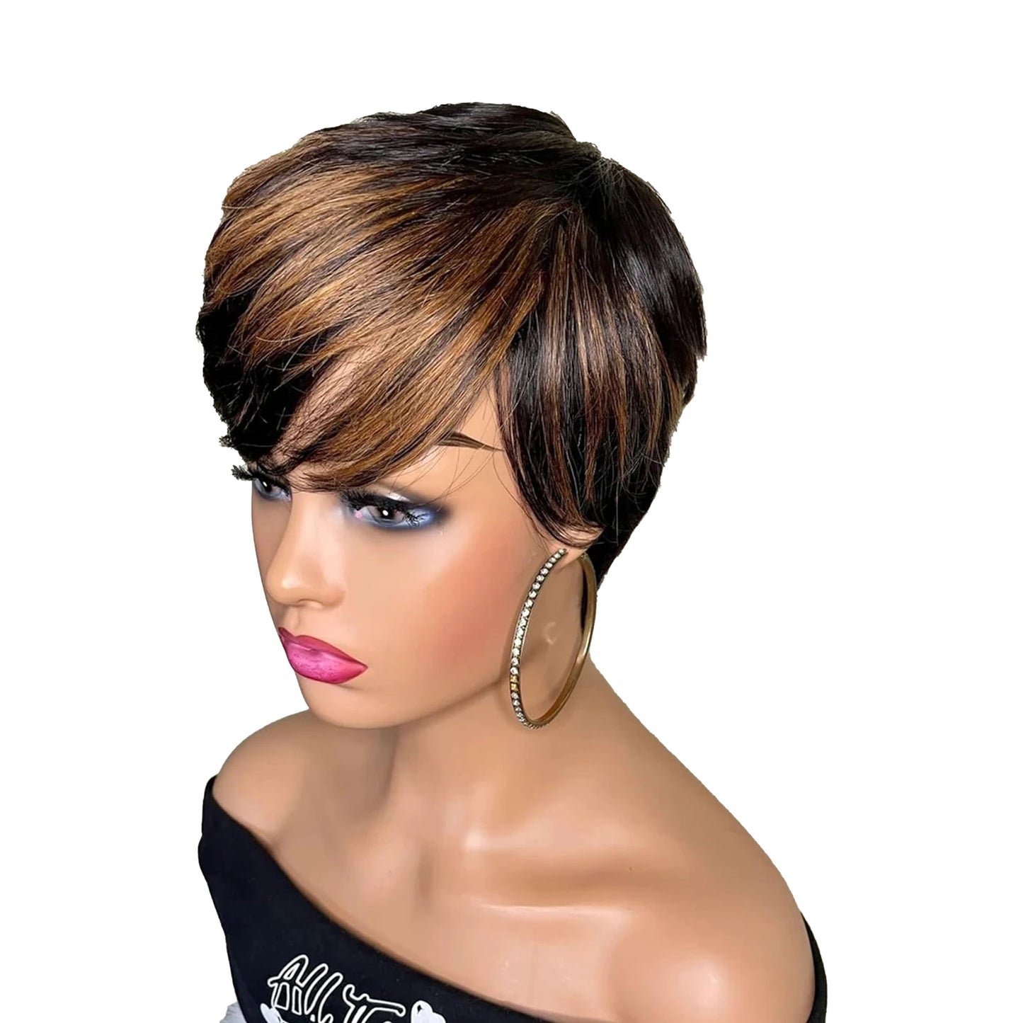 Ombre Color Short Layered Pixie Cut Human Hair Wigs With Bangs,Full Machine Made For Black Women Honey Blonde Wig 1B/27