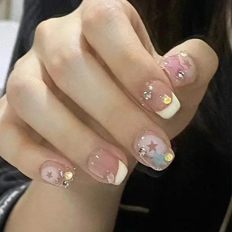 24pcs Black Short Ballet False Nails with Glue French Design Detachable Fake Nails Art Heart Full Cover Press on Nails Tips