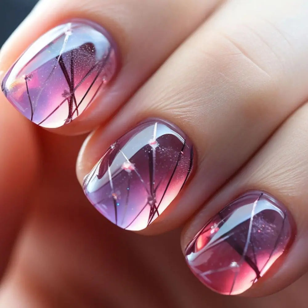24pcs Short Square False Nails Glitter Flower Wave French Fake Nails Manicure Full Cover Detachable Nail Tips Press on Nails