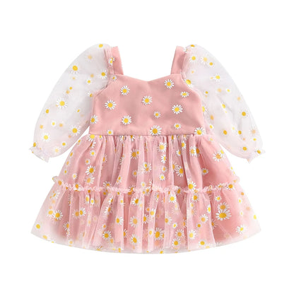 0-3 Years Toddler Baby Girls Princess Tutu A-Line Dress Cute Daisy Print Fall Long Sleeves Lace Ruffle Mesh Tulle Party Dress