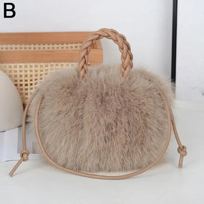 Cute Pumpkin Bag Faux Fur Tote Bag Women's Bucket Plush Luxury Design Ladies Handbags Soft Winter Sweet Girl Handbag