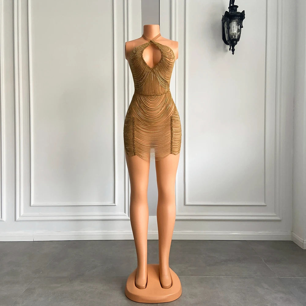 Luxury Halter Sleeveless Real Cocktail Gowns Black Girl Gold Short Mini Prom Dresses