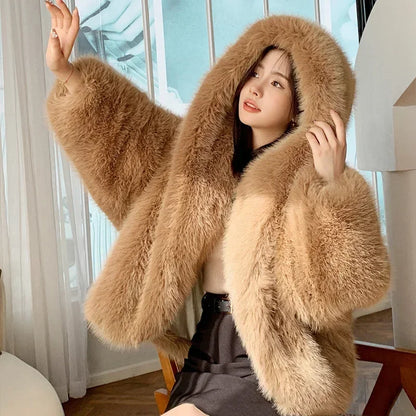 Fur Imitation Fox Hair Hooded Jacket Women's Korean Premium Furry Warm Jacket Women