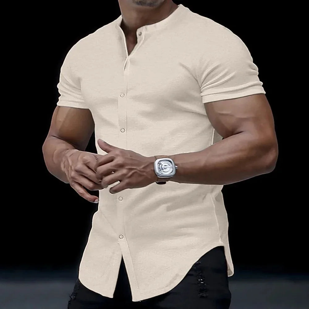 2025 Fashion Men's Stand Collar Short-sleeved Shirts Summer Solid Slim Casual Cardigan Versatile T-shirts Social Blouses for Men