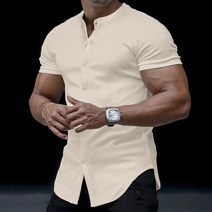 2025 Fashion Men's Stand Collar Short-sleeved Shirts Summer Solid Slim Casual Cardigan Versatile T-shirts Social Blouses for Men
