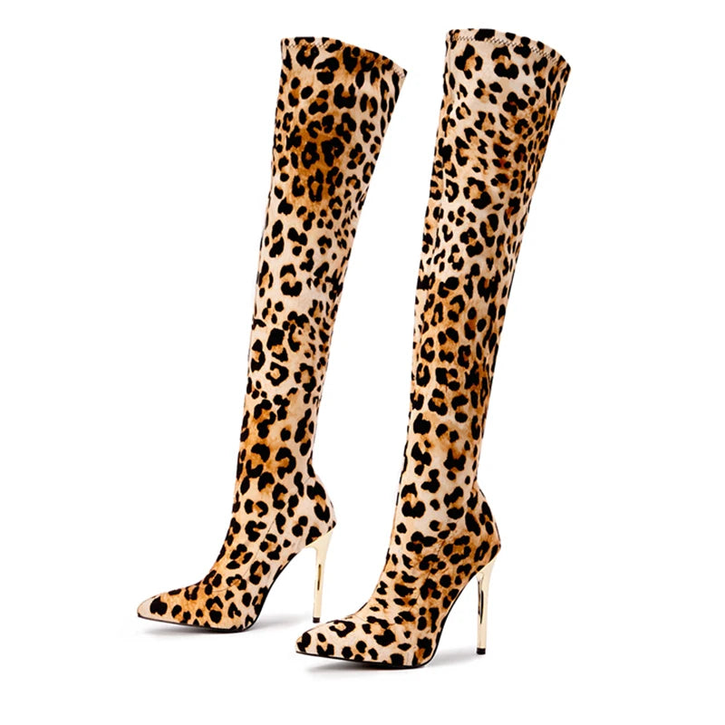 Aneikeh Over Knee Long Boots Sexy Leopard Fetish Strip Pole Dance Pointed Toe Thin Heels