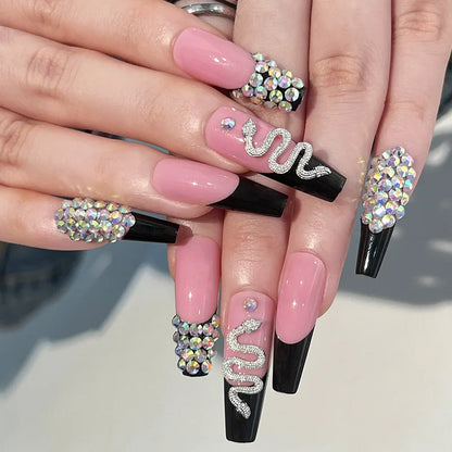 24Ps Super Long Ballet Wearable Fake Nails Blue Diamond Small Flower Press on Nail Stickers Finished Removable False Nail Pieces
