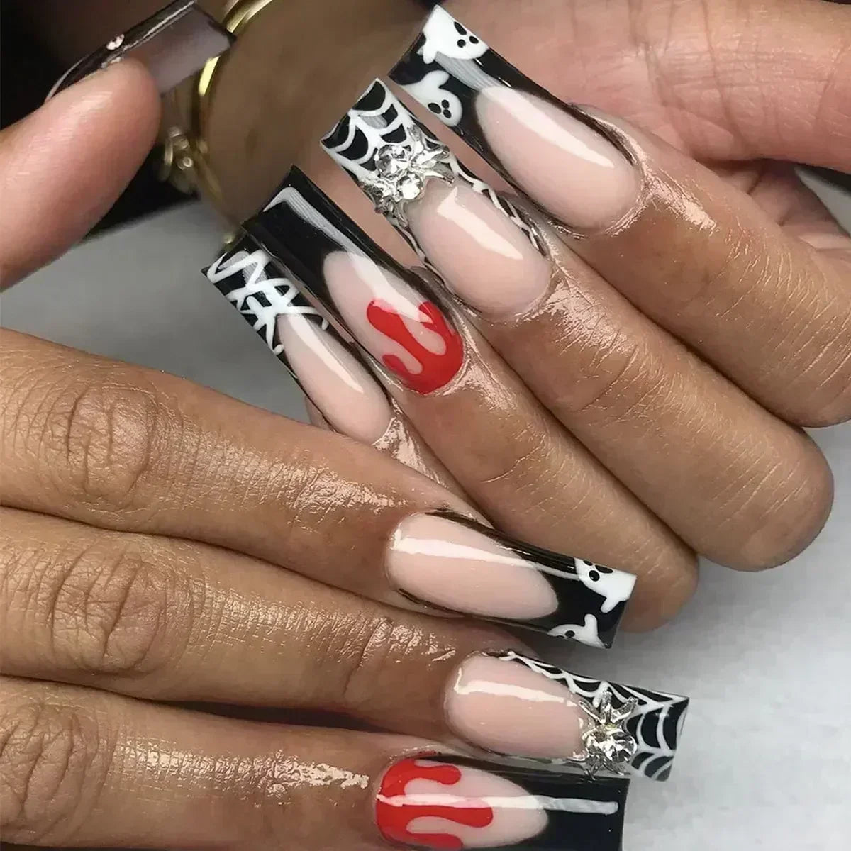 24Pcs Full Cover False Nails with Glue Long Square Coffin Fake Nails French Detachable Ballet Love Pattern Design Press on Nails