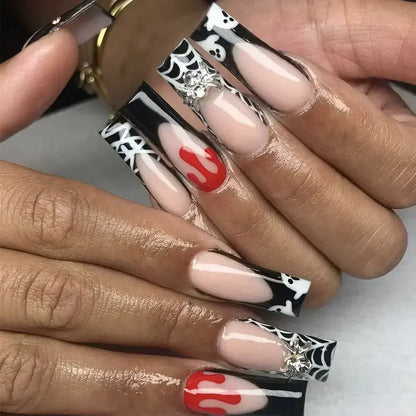 24Pcs Full Cover False Nails with Glue Long Square Coffin Fake Nails French Detachable Ballet Love Pattern Design Press on Nails