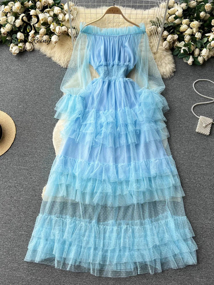 Off the Shoulder Tierred Elastic Sundress Polka Dot Lace Maxi Dress