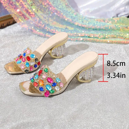 Aneikeh Shiny Colored rhinestone Sandals Slippers Women Transparent Thick Bottom Party Dress Mules High Heels 2025 Summer heeled