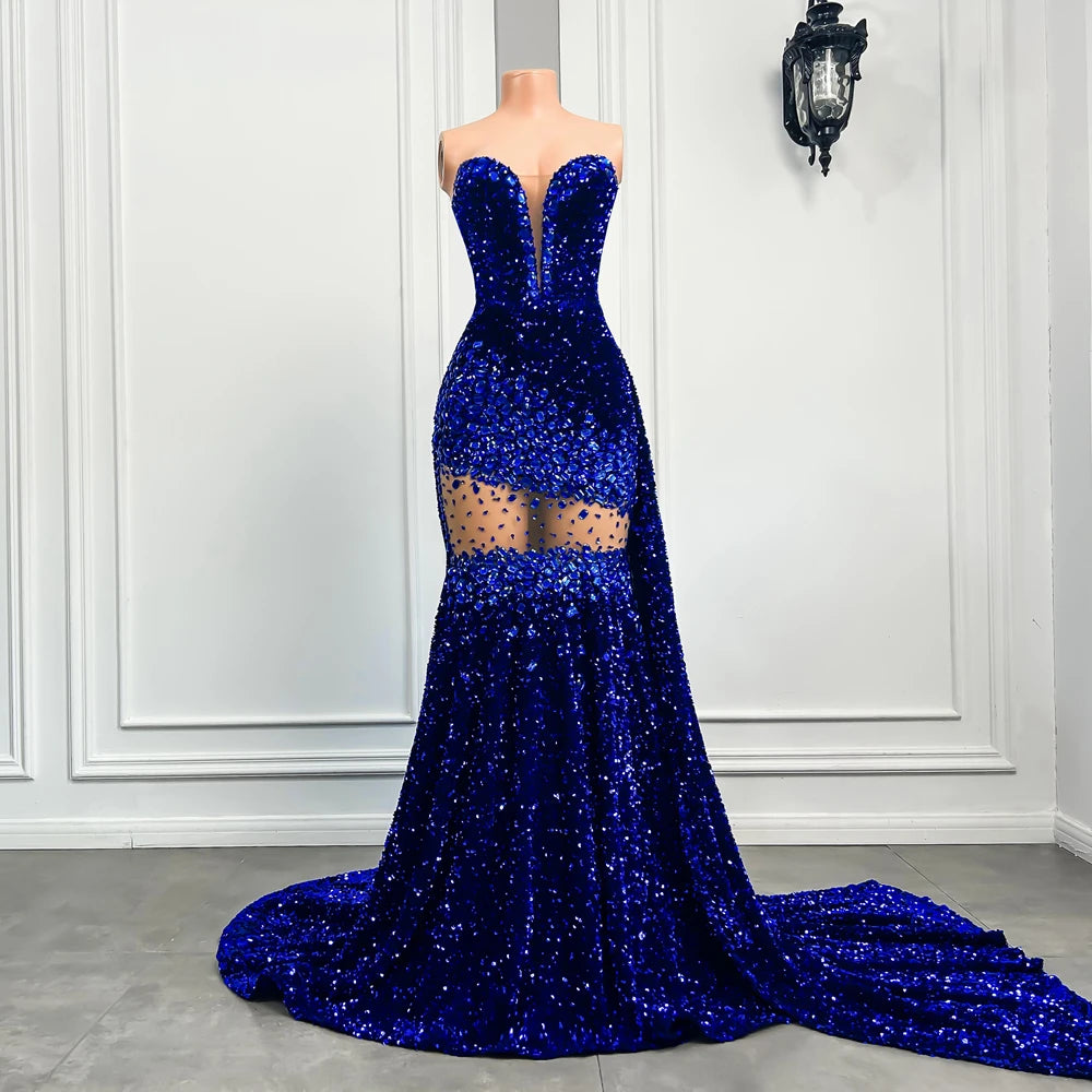 Real Sample Sexy Mermaid Handmade Crystals Royal Blue Sequin Prom Party Gowns