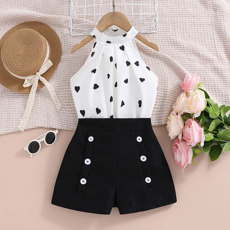 4-12Y Summer Sets For Girls Outfits Sleeveless Halter Neck Heart Top and Black Shorts Children Teenager