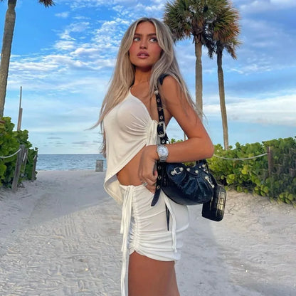 Two Piece Sets One Shoulder Cut Out Sexy Solid Color Top Bodycon Mini