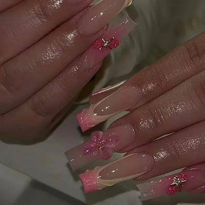 24Pcs Red Heart False Nails Long Luxury with French Design Rhinestone Wearable Fake Nail Simple Decoration Press on Nail Tips