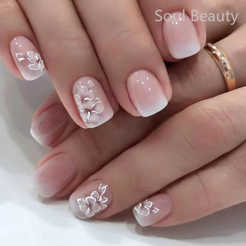 24Pcs Short Square Nude Fake Nails Art White Edge Glossy Artificial French False Nails Removable Full Cover Press on Nail Tips