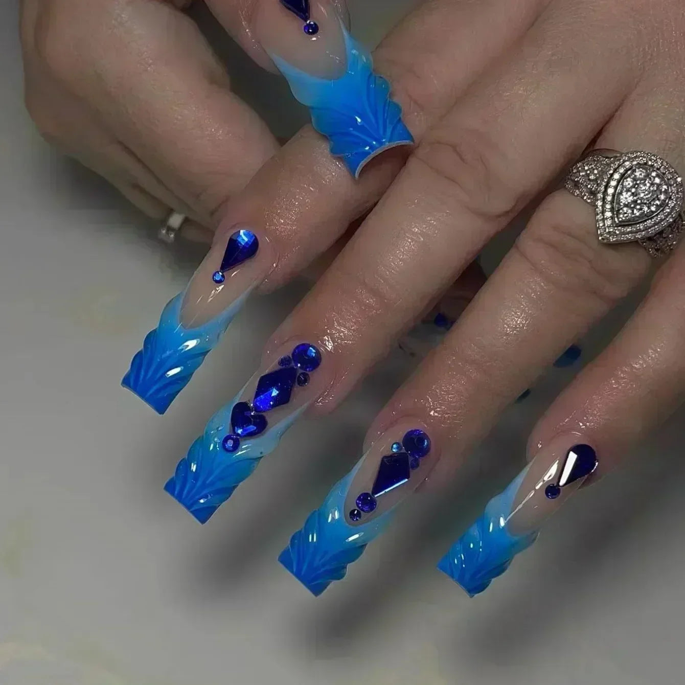 24Pcs Full Cover False Nails with Glue Long Square Coffin Fake Nails French Detachable Ballet Love Pattern Design Press on Nails