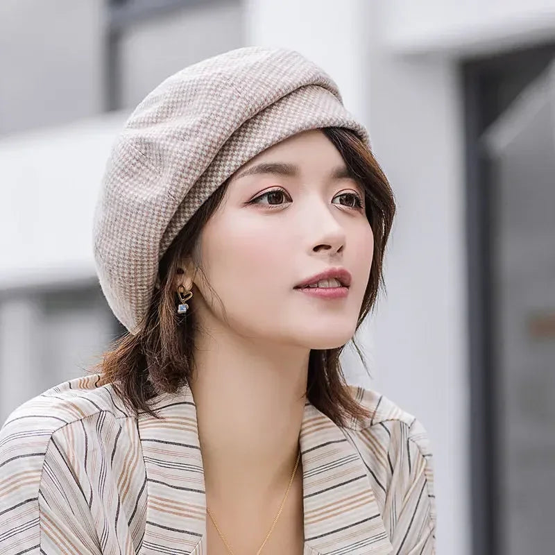 Simple Women Wool Beret for Elegant Lady Winter Female Cotton Hats Plaid Vintage Octagonal Casual Autumn Cap