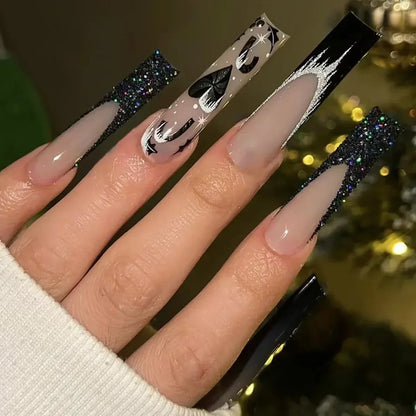 24Pcs Gradient Long Coffin False Nails with Green Rhinestones Design Black Square French Full Cover Press on Nail Tips for Girls