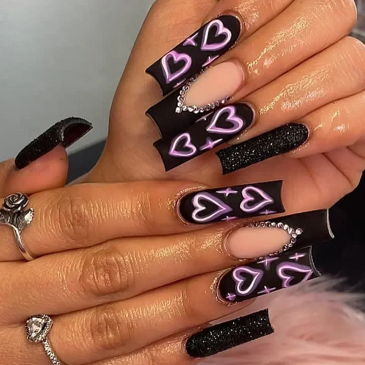 24Pcs Full Cover False Nails with Glue Long Square Coffin Fake Nails French Detachable Ballet Love Pattern Design Press on Nails