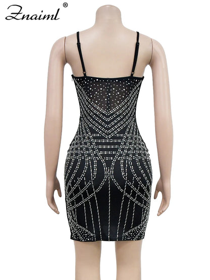 Luxury Sparkly Crystal Diamonds Mesh Sheer Spaghetti Strap Bodycon
