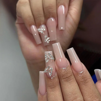 24Pcs Simple Blue French Fake Nails with Diamond Love Pattern Design False Nails Press on Mid-length Ballet Full Cover Nail Tips