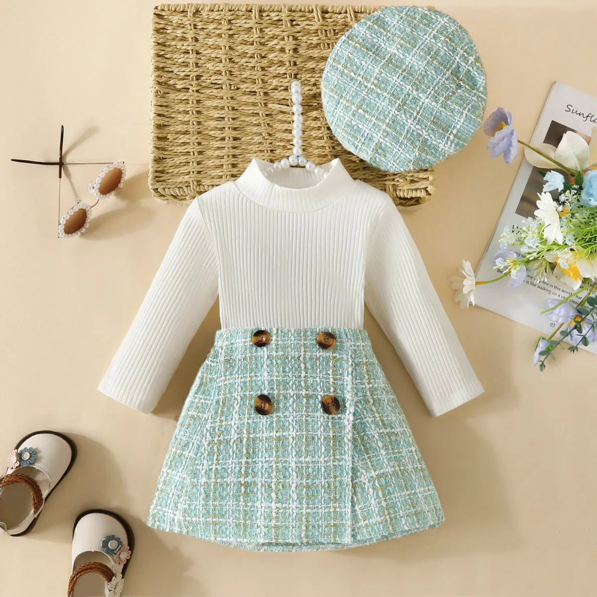 Infant Spring Autumn Long Sleeve Top andDress Set 6-18months Baby Girl Solid ColorTop Houndstooth Half Skirt Beret