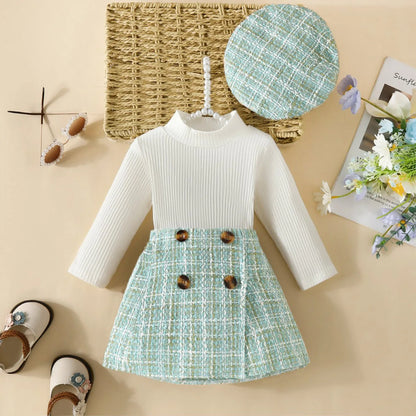 Infant Spring Autumn Long Sleeve Top andDress Set 6-18months Baby Girl Solid ColorTop Houndstooth Half Skirt Beret