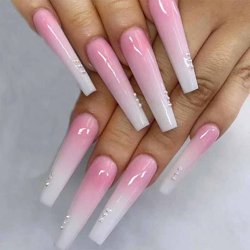 24Ps Super Long Ballet Wearable Fake Nails Blue Diamond Small Flower Press on Nail Stickers Finished Removable False Nail Pieces