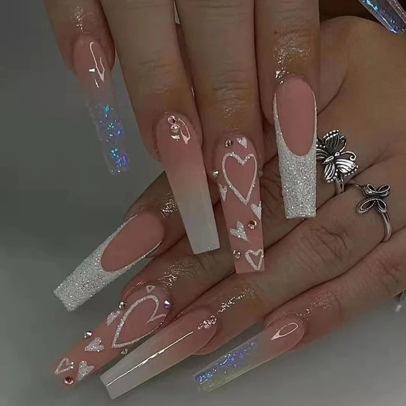 24Pcs Long Ballet Fake Nails Press on Wearable Coffin False Nails with Glue Glitter Leaves Design Full Cover Nail Tips Manicure