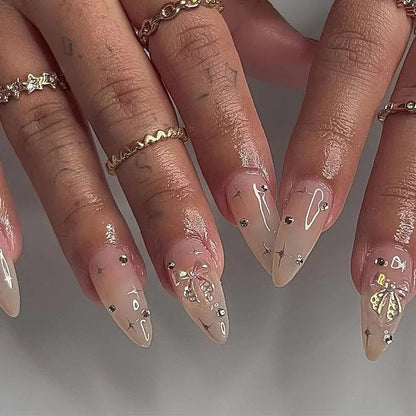 24Pcs Mid-length False Nails with Almond Head Design Brown Gold Lines Fake Nails Oval Wearable French Press on Nail Tips