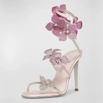 Sexy CRYSTAL Flower Thin High Heels Women Sandals Street Style Narrow Band Ankle Strap