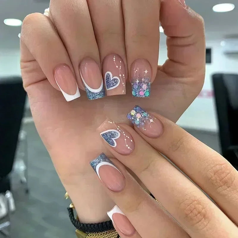 24Pcs Short Square French False Nails with Flower Shiny White Edge Design Pink Glitter Fake Nails Full Cover Press on Nails Tips