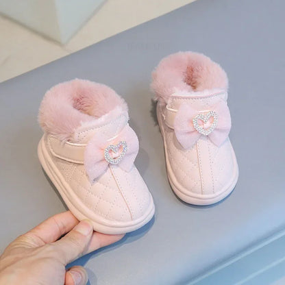 Winter Girl Baby Warm Cotton Boots Fashionable Bow Love Diamond Infant Kids Walking Shoes Cute Waterproof Boy Children Snow Boot