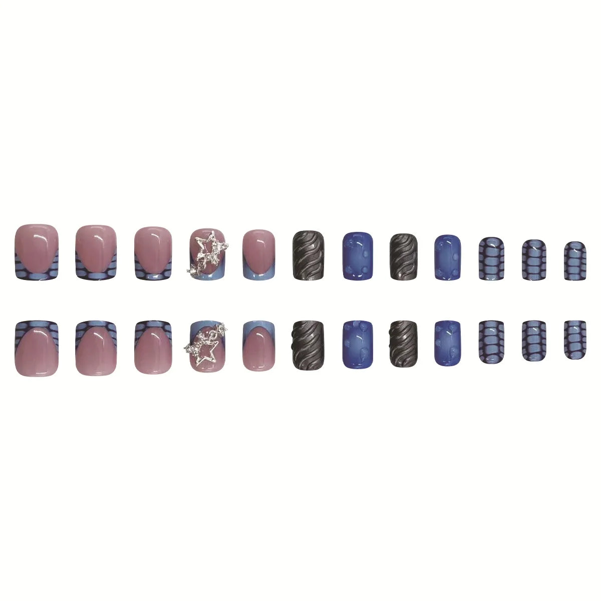 24pcs Short Fake Nails 3D Wave Sliver Star Design Blue French Press on Nails for Girls Full Cover Wearable Short False Nail Tips