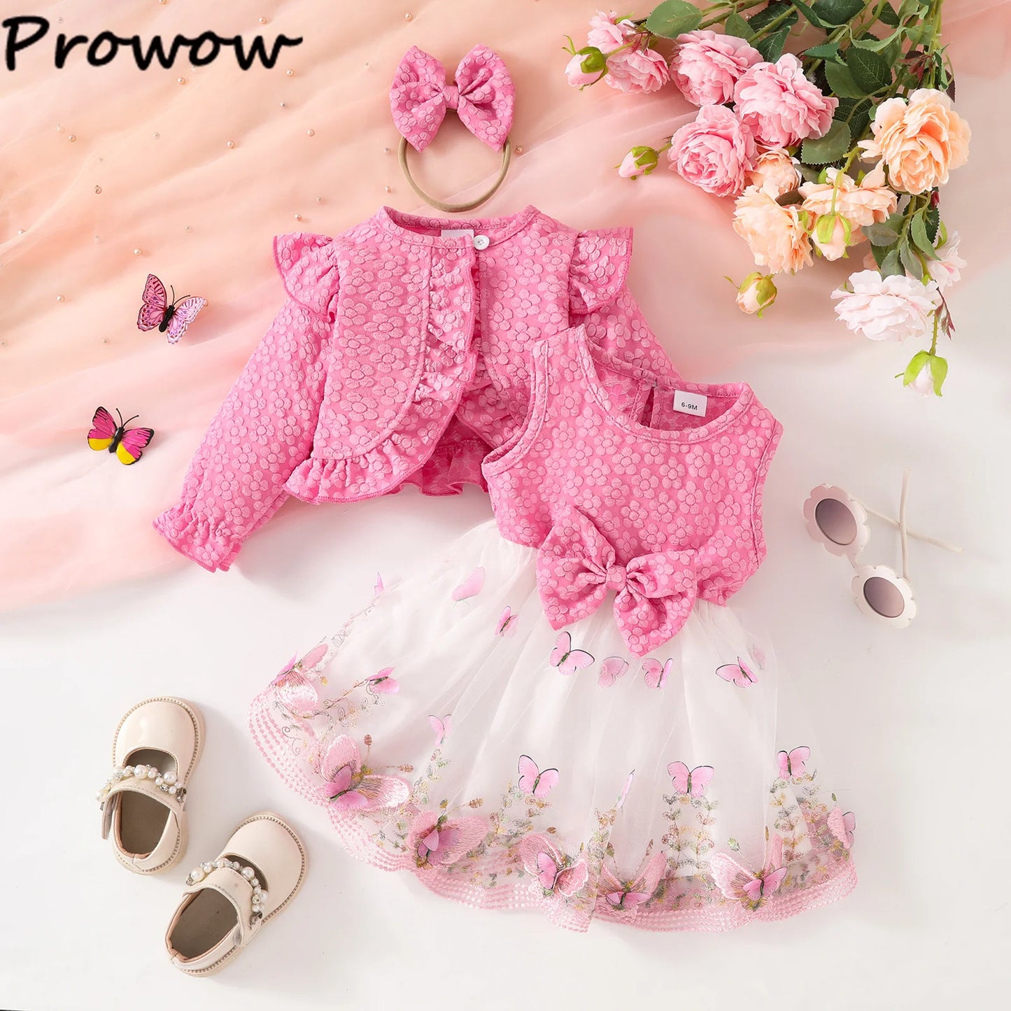 Baby Dresses Birthday Party Costume Pink Jacquard Cardigan Coat and Lace Butterfly Dress For Girls Newborns Infants Clothes